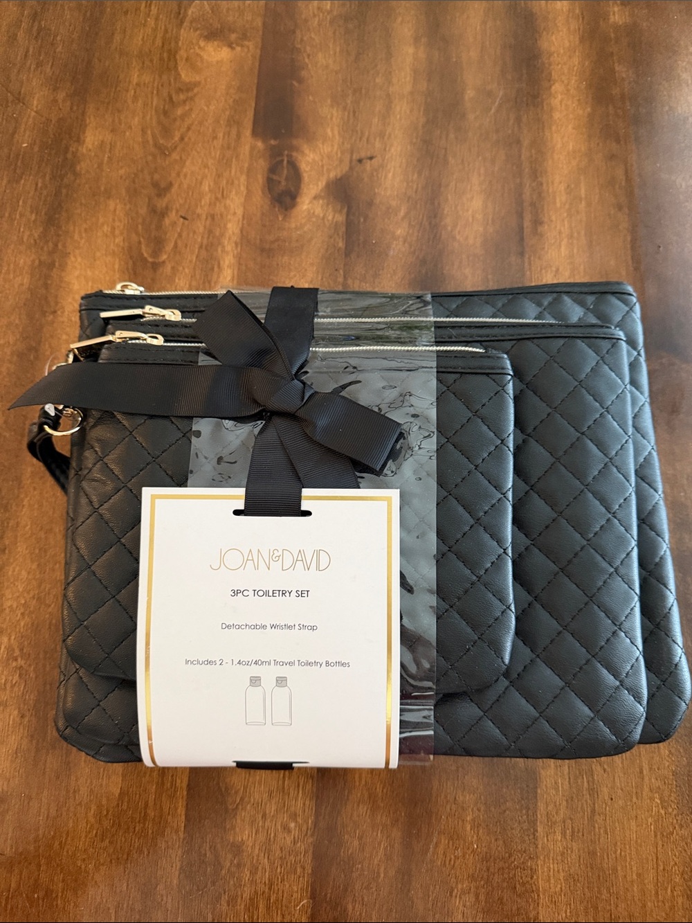 Joan & David Black Quilted 3-Piece Cosmetic Set with Gold Zippers